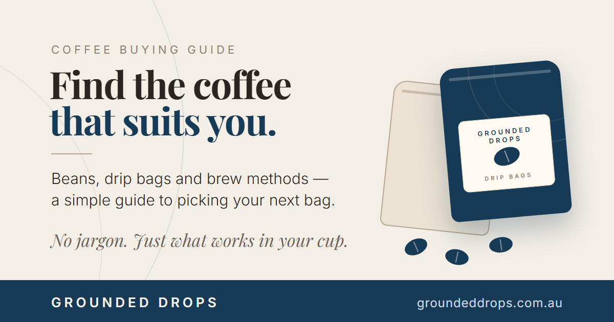 Grounded Drops coffee buying guide — illustrated navy and cream coffee drip-bag pack with loose coffee beans