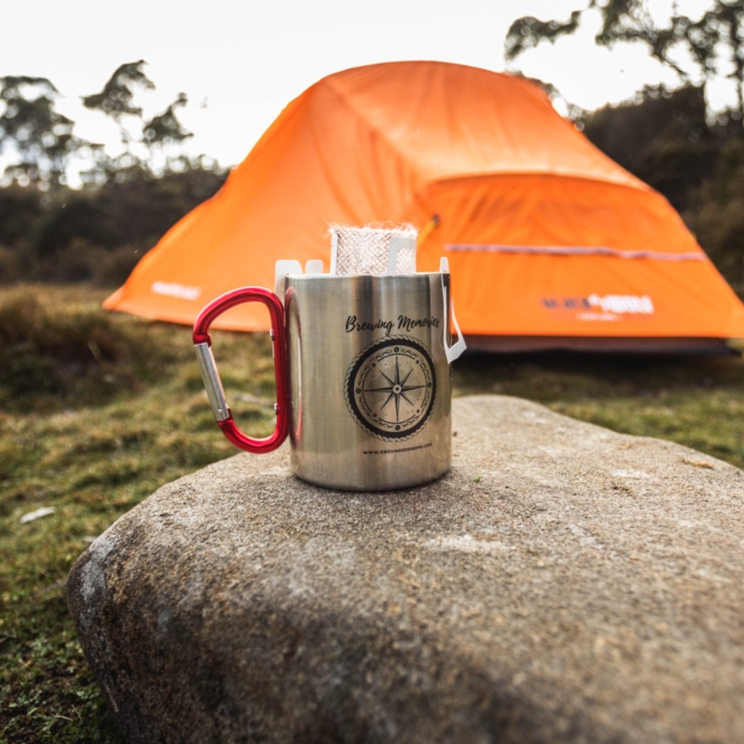 &quot;Brewing Memories&quot; - 300ml Stainless Steel Cup with Carabiner handle. - #Groundeddrops#