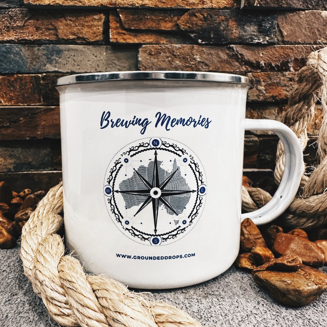 "Brewing Memories" - 500mL Enamel Mug - Design 2 - #Groundeddrops#