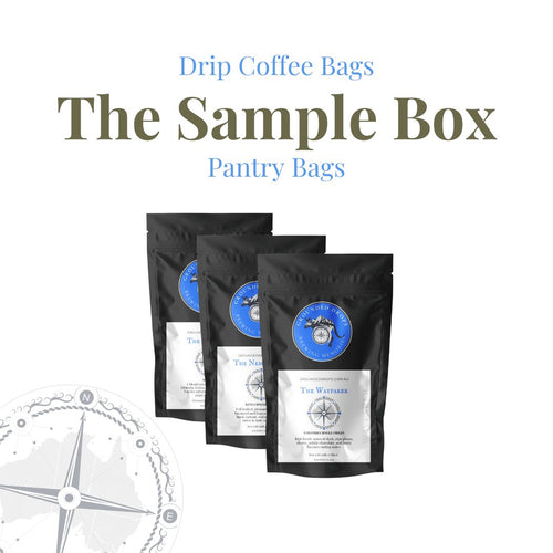 Grounded Drops drip coffee bag sample box with three drip bag pouches